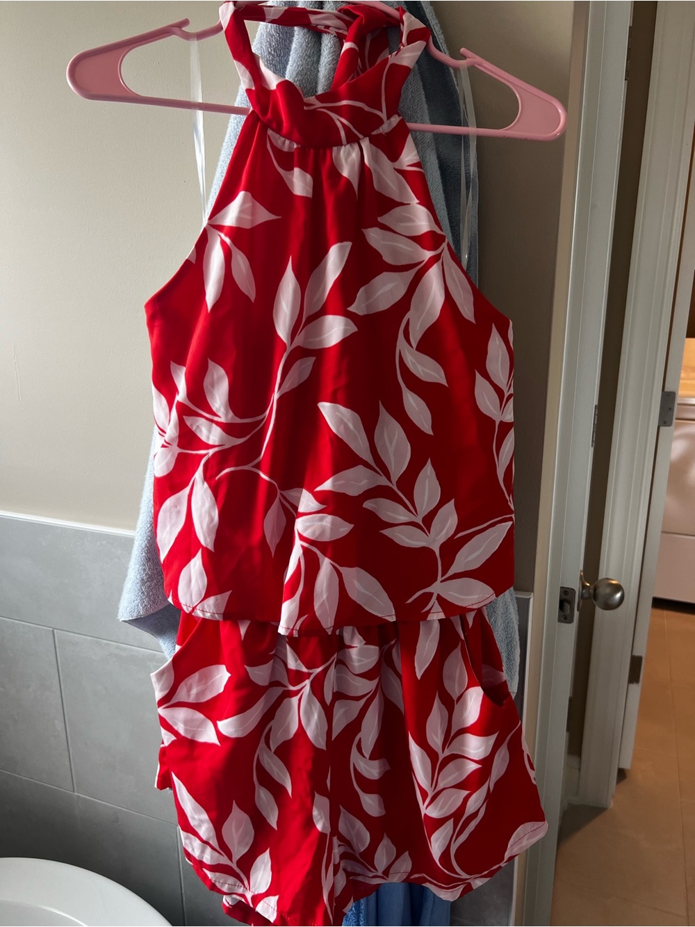 Pink Lily Red and White Halter Leaf-Print Kids Dress